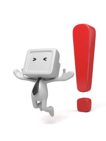3d small person with a exclamation mark,. 3d image. Isolated white backgroundの写真素材