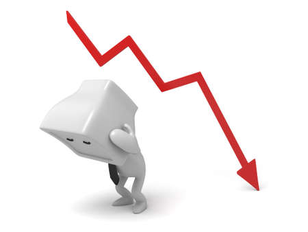 3d person with  red arrow downwards. 3d image. Isolated white background.の写真素材