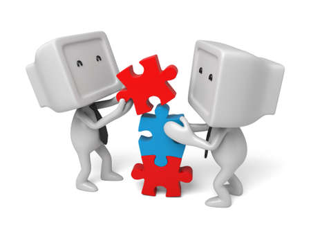 3d white people team assemble three   piece of a puzzleの写真素材