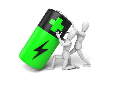 3d puppet lift a big battery.  3d image. Isolated white backgroundの写真素材