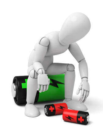 3d tired man sitting on a battery .  3d image. Isolated white backgroundの写真素材