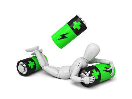 3d puppet with some batteries.  3d image. Isolated white backgroundの写真素材