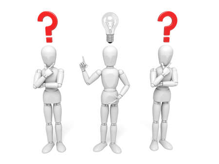 3d people with a lamp and question mark on top of head. 3d image. Isolated white backgroundの写真素材