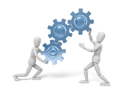 two 3d people keep gears in hands. 3d image. Isolated white backgroundの写真素材