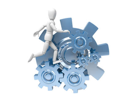 3d people standing on  gears. 3d image. Isolated white backgroundの写真素材