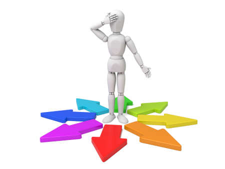 3d people surrounded by directional signs. 3d image. Isolated white backgroundの写真素材