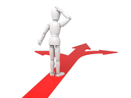 3d people standing on directional signs. 3d image. Isolated white backgroundの写真素材