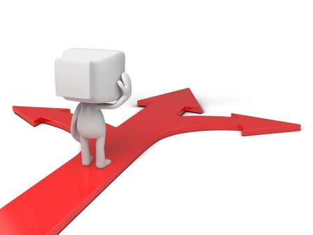 3d people standing on directional signs. 3d image. Isolated white backgroundの写真素材