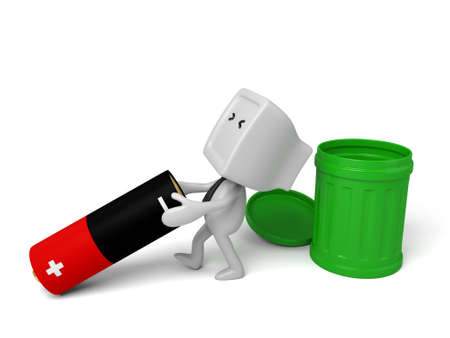 3d people throw a bad battery in the bin.  3d image. Isolated white backgroundの写真素材