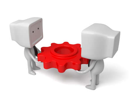 two 3d humans keep gears in hands. 3d image. Isolated white background