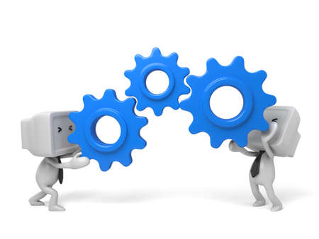 two 3d humans keep gears in hands. 3d image. Isolated white background