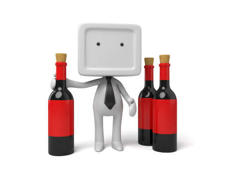 3d people with three bottles of wine. 3d image. Isolated white backgroundの写真素材
