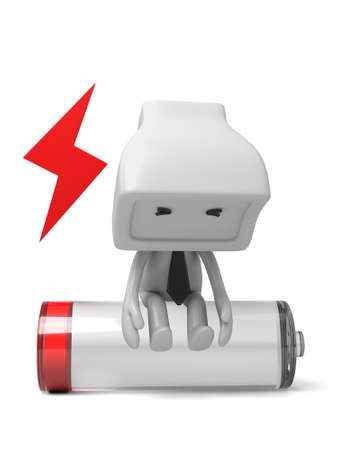 3d puppet sitting on a battery tired.  3d image. Isolated white backgroundの写真素材