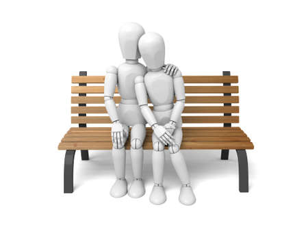 3d couple sitting on a bench. 3d image. Isolated white backgroundの写真素材