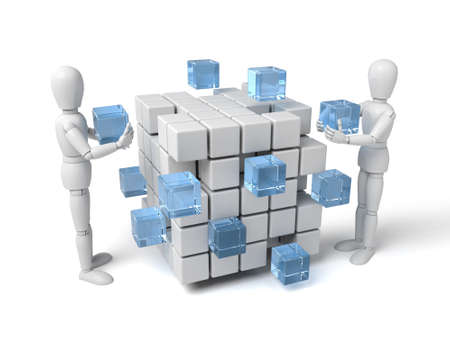 3d people with some cubes. 3d image. Isolated white backgroundの写真素材