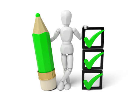 3d small person with some check mark and a pencil. 3d image. Isolated white backgroundの写真素材