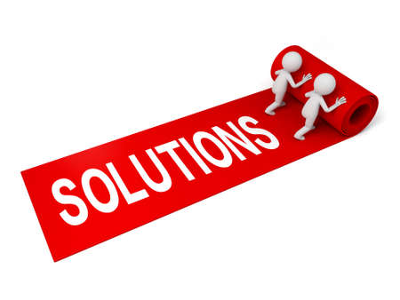 3d people rolling out the red carpet with word solutionsの写真素材