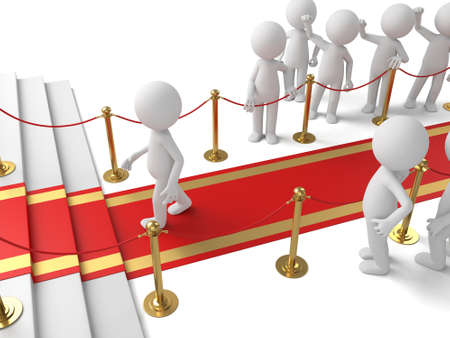 3d people walking on the red carpet. 3d image. Isolated white background