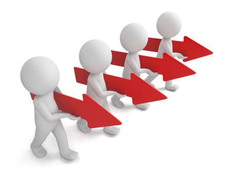 3d people walking with a red arrow. 3d image. Isolated white background