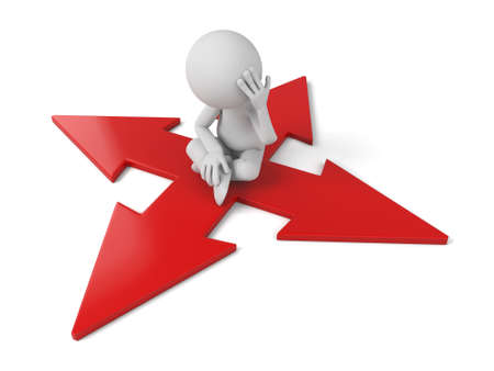 3d people sitting on directional signs. 3d image. Isolated white backgroundの写真素材