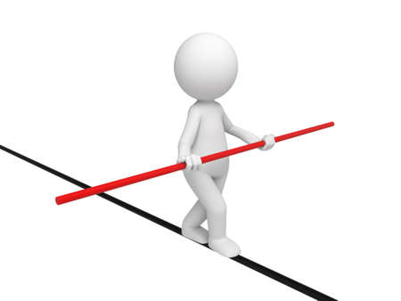 3d people walking on a tightrope. 3d image. Isolated white backgroundの写真素材