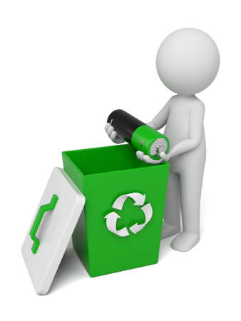 3d people throw a bad battery in the bin.  3d image. Isolated white backgroundの写真素材
