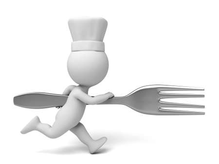 3D chef with a fork on white backgroundの写真素材