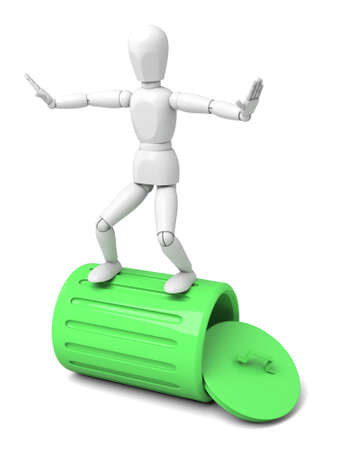 3d people with a green trash can. 3d image. Isolated white backgroundの写真素材