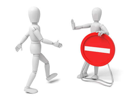 3d human with red stop sign on white backgroundの写真素材