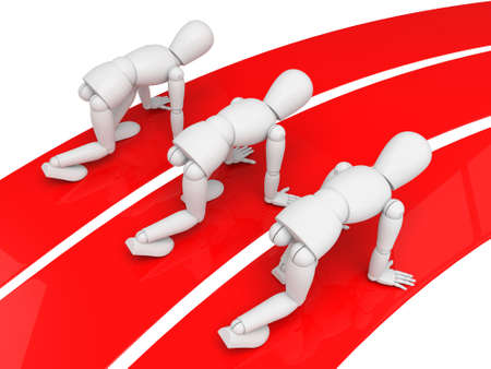 Three 3d small people on a starting line. 3d image. Isolated white background.の写真素材