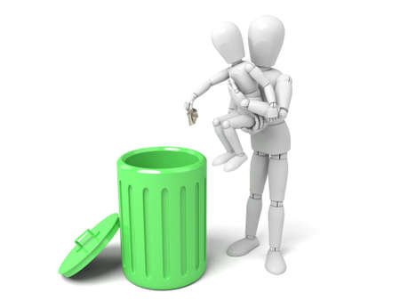 3d people with a green trash can.  Isolated white backgroundの写真素材