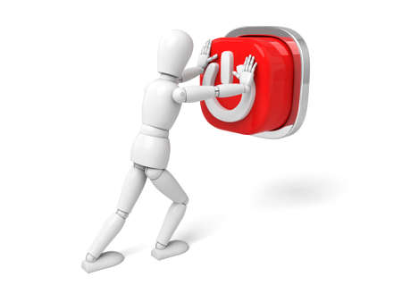 3d people with a power button. 3d image. Isolated white backgroundの写真素材