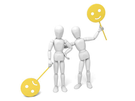 3d people with two moods displayed.  Isolated white backgroundの写真素材