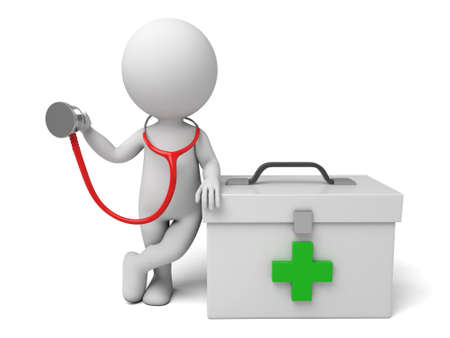 3d people with first aid box and a stethoscope. Doctor. 3d image. Isolated white background.の写真素材