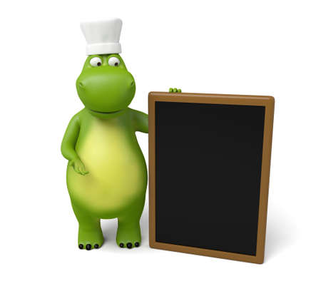 3d cartoon animal with blackboard on white backgroundの写真素材