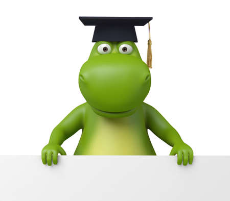 3d cartoon animal with an empty signboardの写真素材