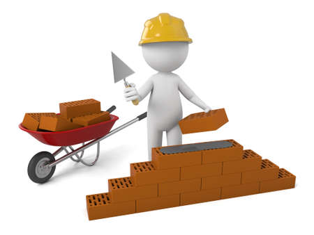 3d people building a brick wall. の写真素材