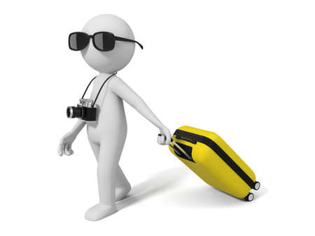 3d people walking with a trolley suitcase. 3d image. Isolated white background.の写真素材