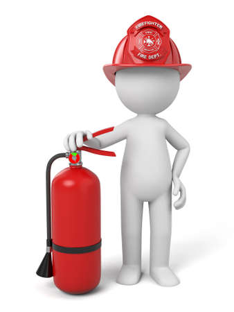 3d fireman standing with a helmet and a extinguisherの写真素材
