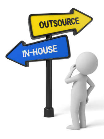 A road sign with outsource in-house words and human figureの写真素材