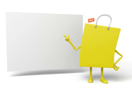 A yellow shopping bag with a white placardの写真素材