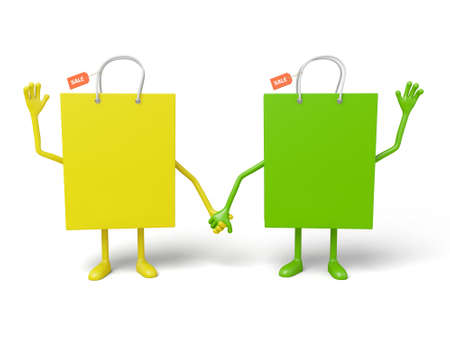 Two shopping bags pose together