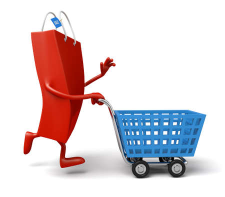 A red shopping bag with a shopping cartの写真素材