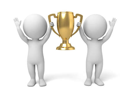 The two 3D people together to lift the trophyの写真素材