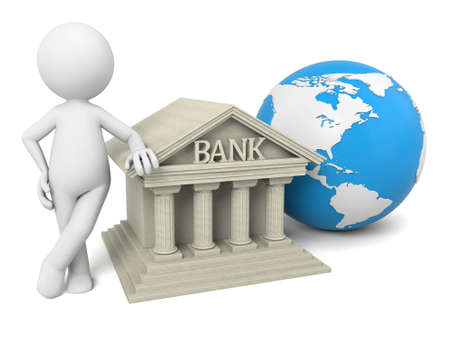 3D guy standing next to bank and globeの写真素材