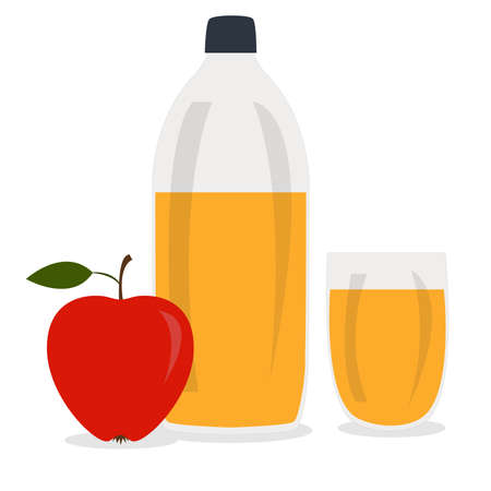 Bottle of apple cider vinegar, glass with drink and red apple. Vector flat cartoon illustration.のイラスト素材