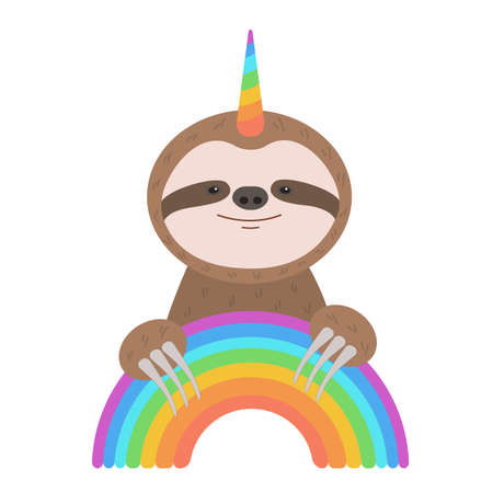 Funny cute sloth with unicorn horn catch the rainbow arc. Vector illustration for creative children design, cards, posters.のイラスト素材