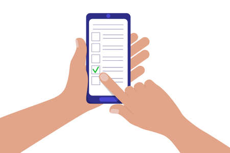 Concept of online questionnaire, quiz, survey. Hand holding mobile phone, forefinger touching vertical screen and marking option. Vector illustration in flat style.のイラスト素材