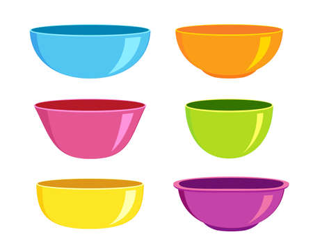 Set of empty plastic or ceramic bowls of different forms on white background. Colourful dishware for breakfast or dinner. Vector illustration.のイラスト素材