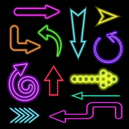Neon glowing arrows big set. Lightning signs on dark background. Vector illustration.のイラスト素材